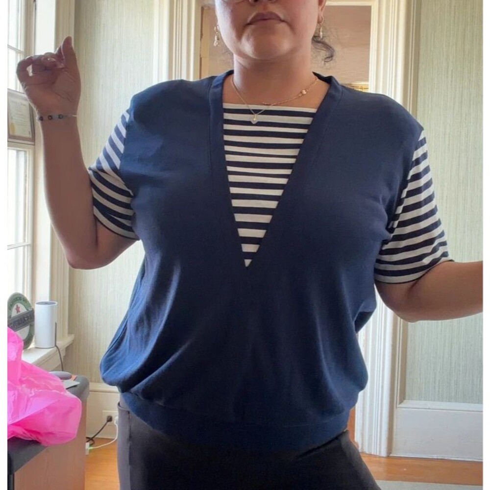 Navy blue v-neck faux layered striped top